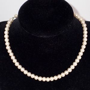 Marvella Choker String of Faux Vintage Pearls 15" Long Rhinestone Singed Clasp